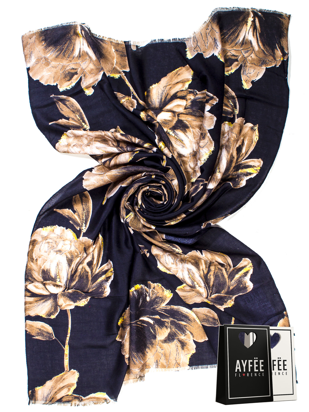 STOLA STAMPA LUXURY FLOWER CON GLITTER CM 90*180, 100% VISCOSE, MADE IN PRC        - BLACK